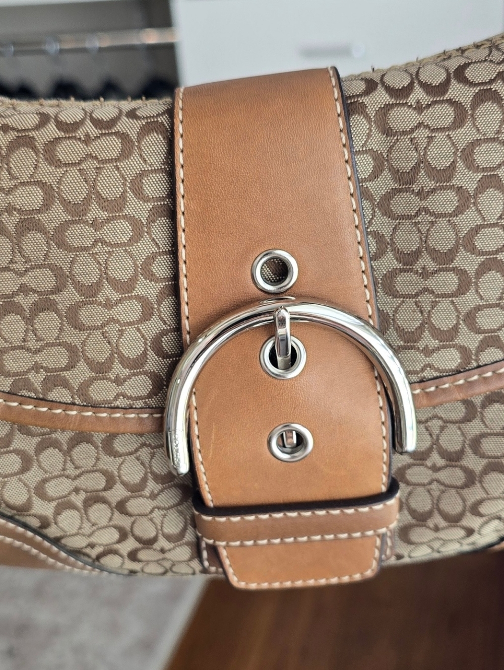 Coach Soho Flap  Signature Canvas Shoulder Bag in Tan and Brown -size Small - Picture 6 of 11
